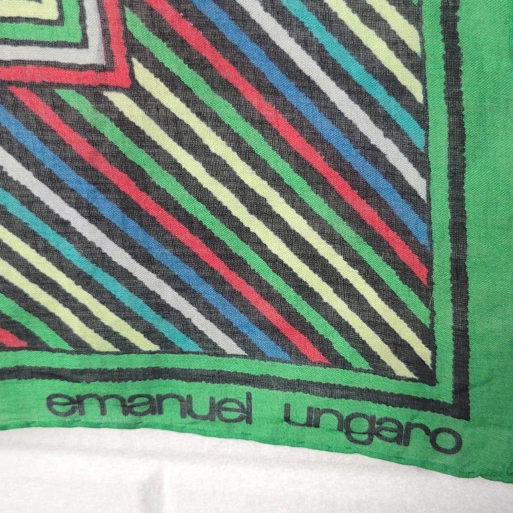 Vintage 1980s Emanuel Ungaro Square Cotton Scarf Green Geometric Mod Designer